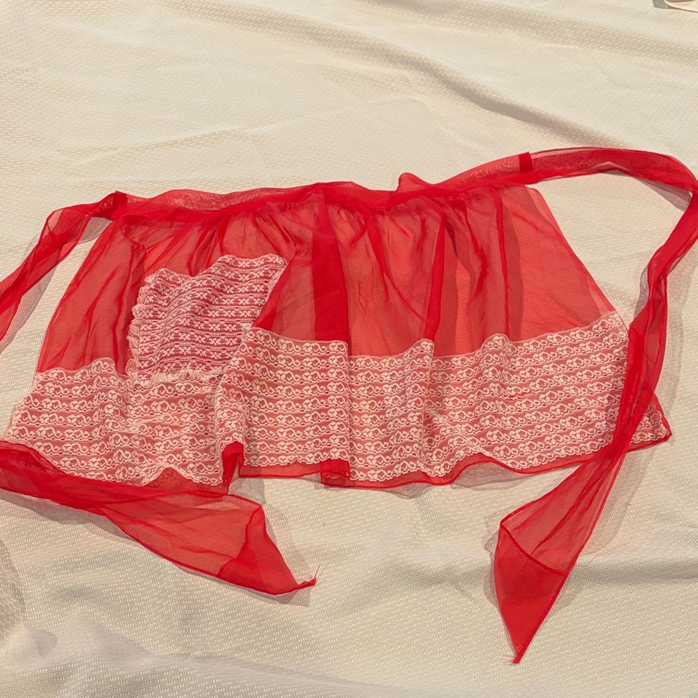 Sheer Red Lace Trim Waist Apron